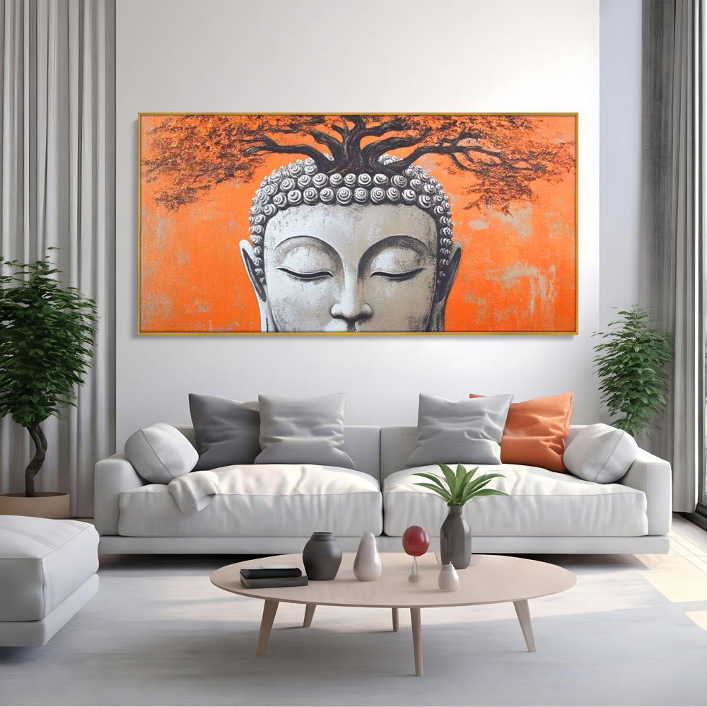 Tablou canvas cu tablou canvas cu capul lui buddha si copac, in rama de aluminiu auriu, pe perete intr-un living